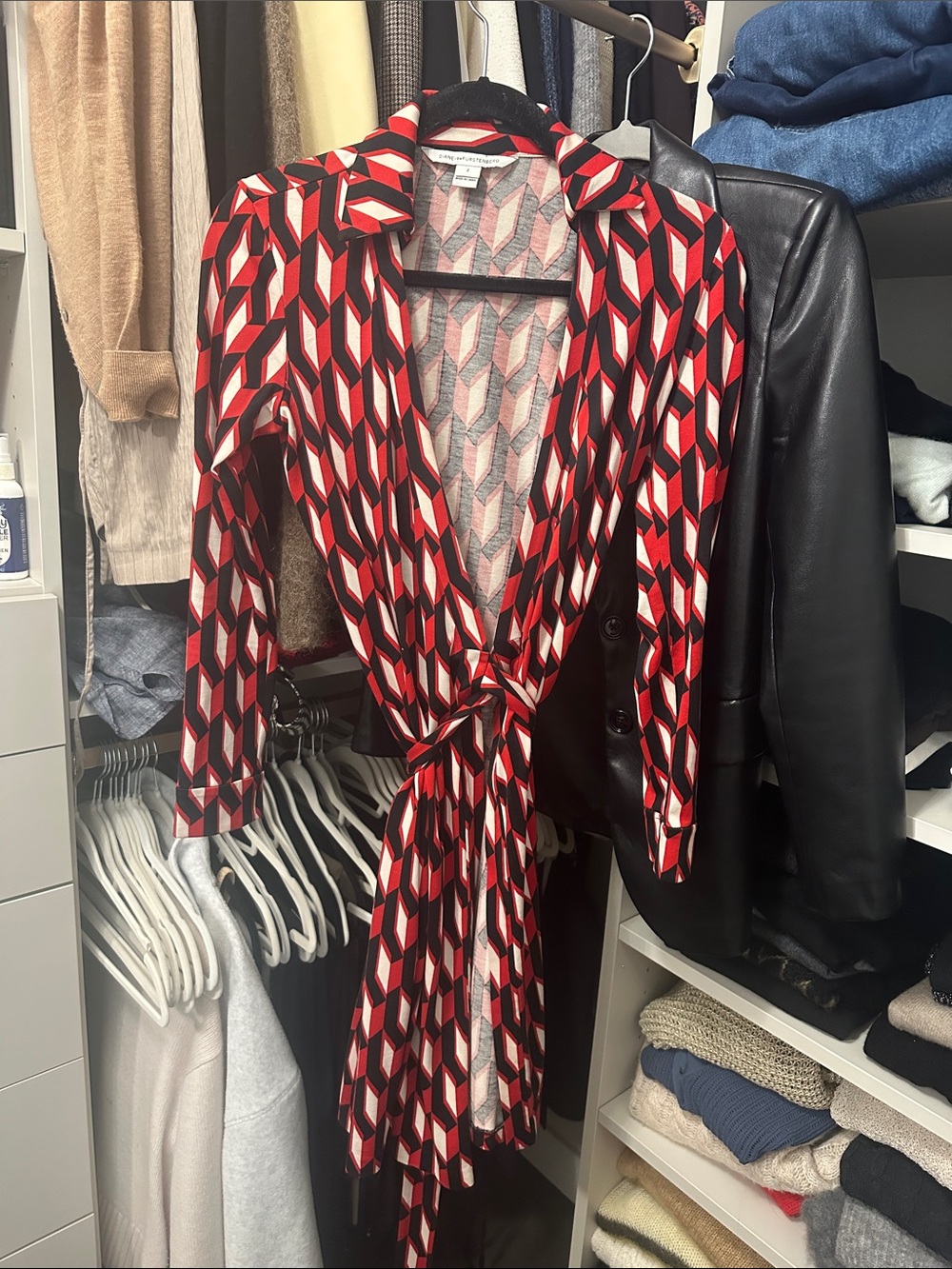 Diane Von Furstenberg Red, Black & White Geometric Wrap Dress